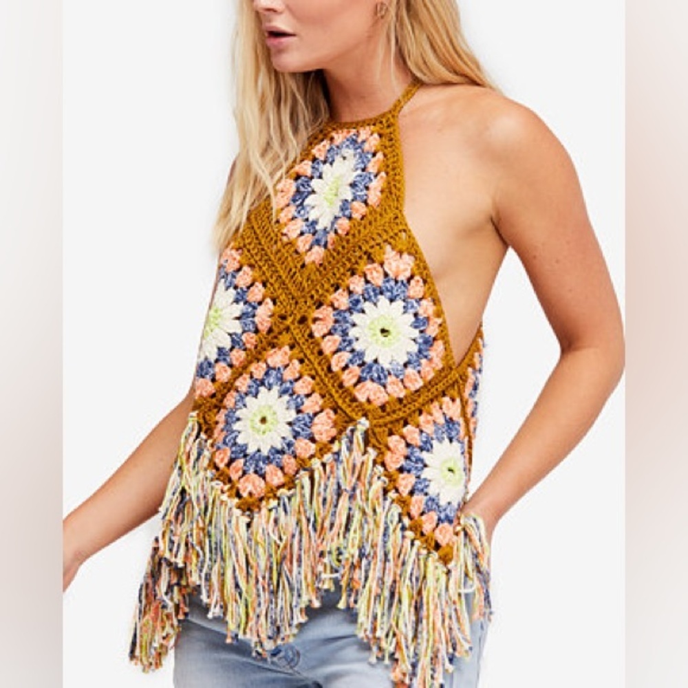 Free People Summer of Love crochet halter top with fringe size M/L